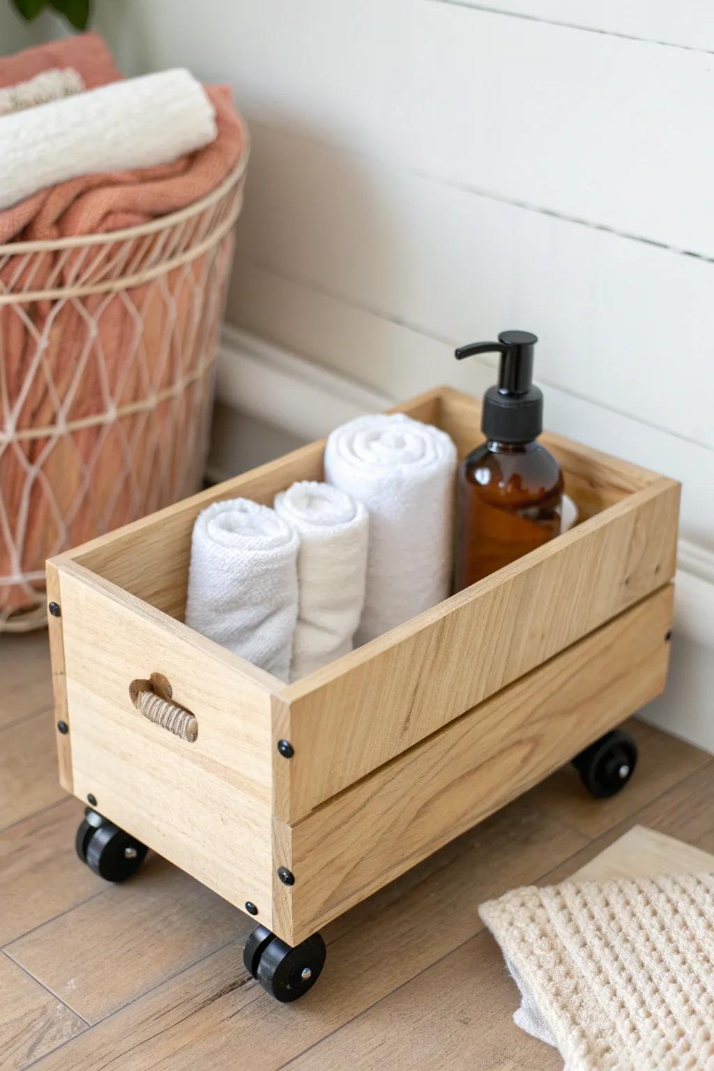 A slim rolling wood diaper caddy that slides away neatly—beautiful, mobile, and space-smart.