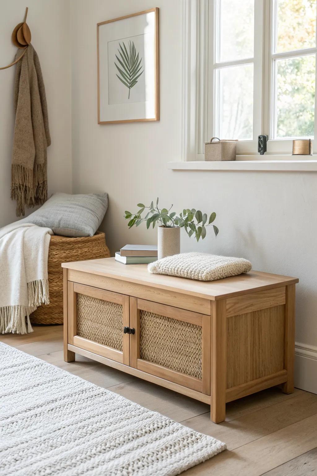 Airy oak storage bench with cane inset—light texture, hidden storage, and warm boho contrast.