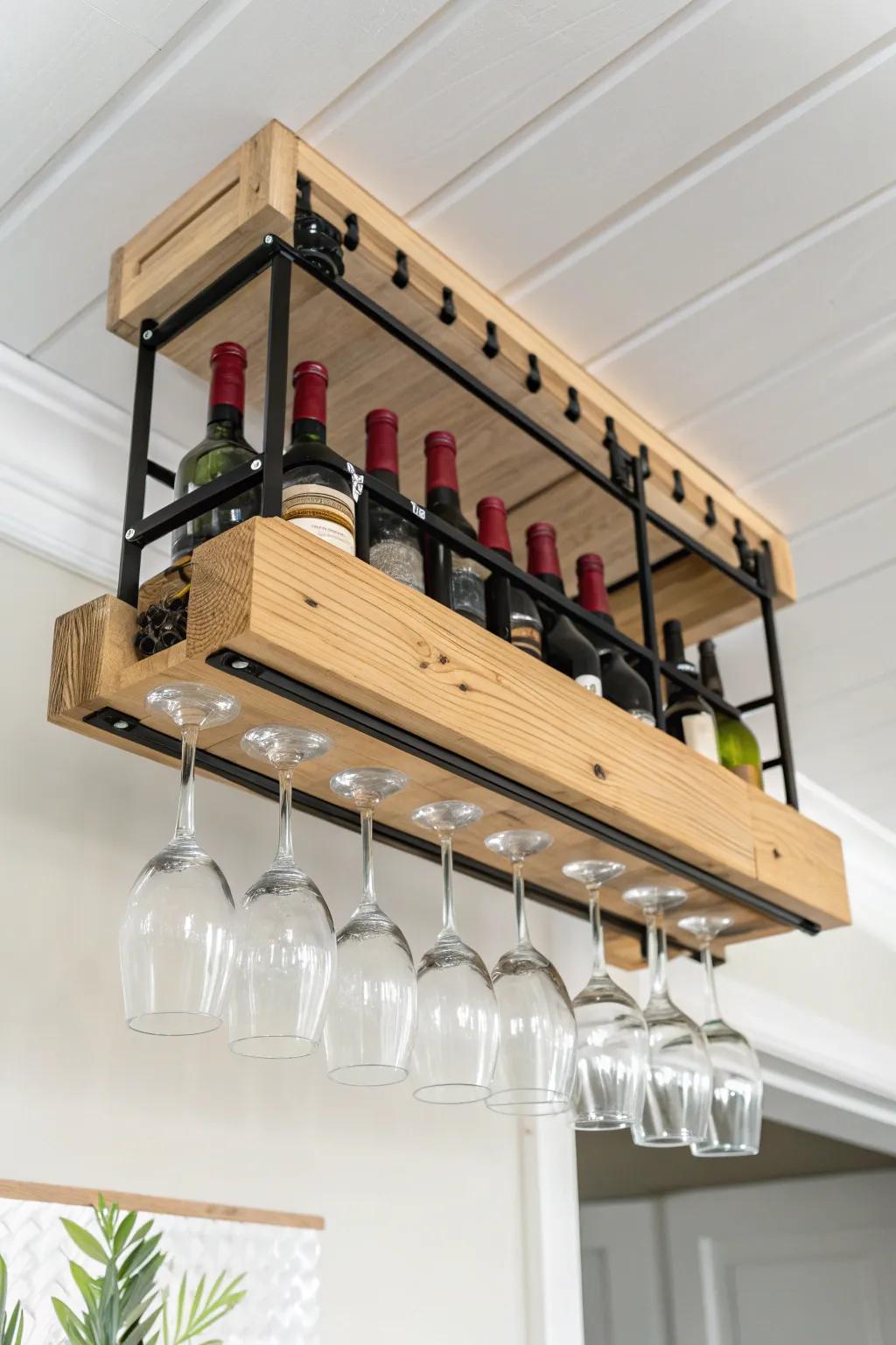 A floating oak-and-steel ceiling rack turns tiny tasting rooms into a custom showpiece.
