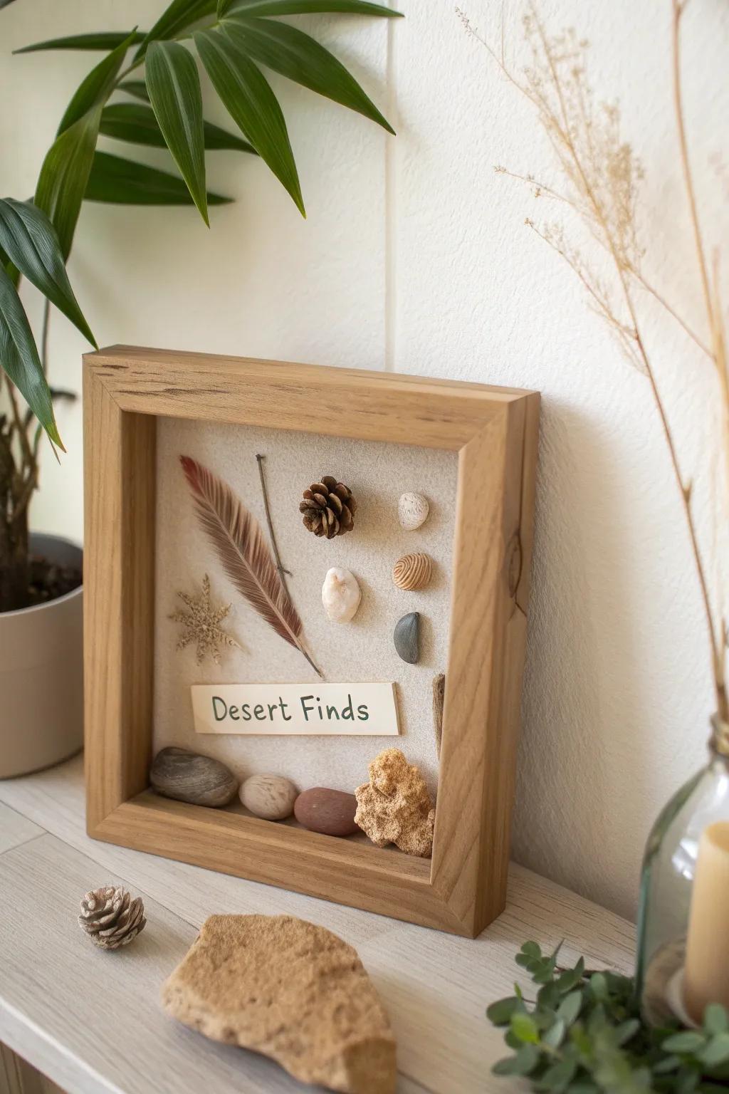 A minimalist oak shadow box filled with desert finds—turquoise pops against warm sands.