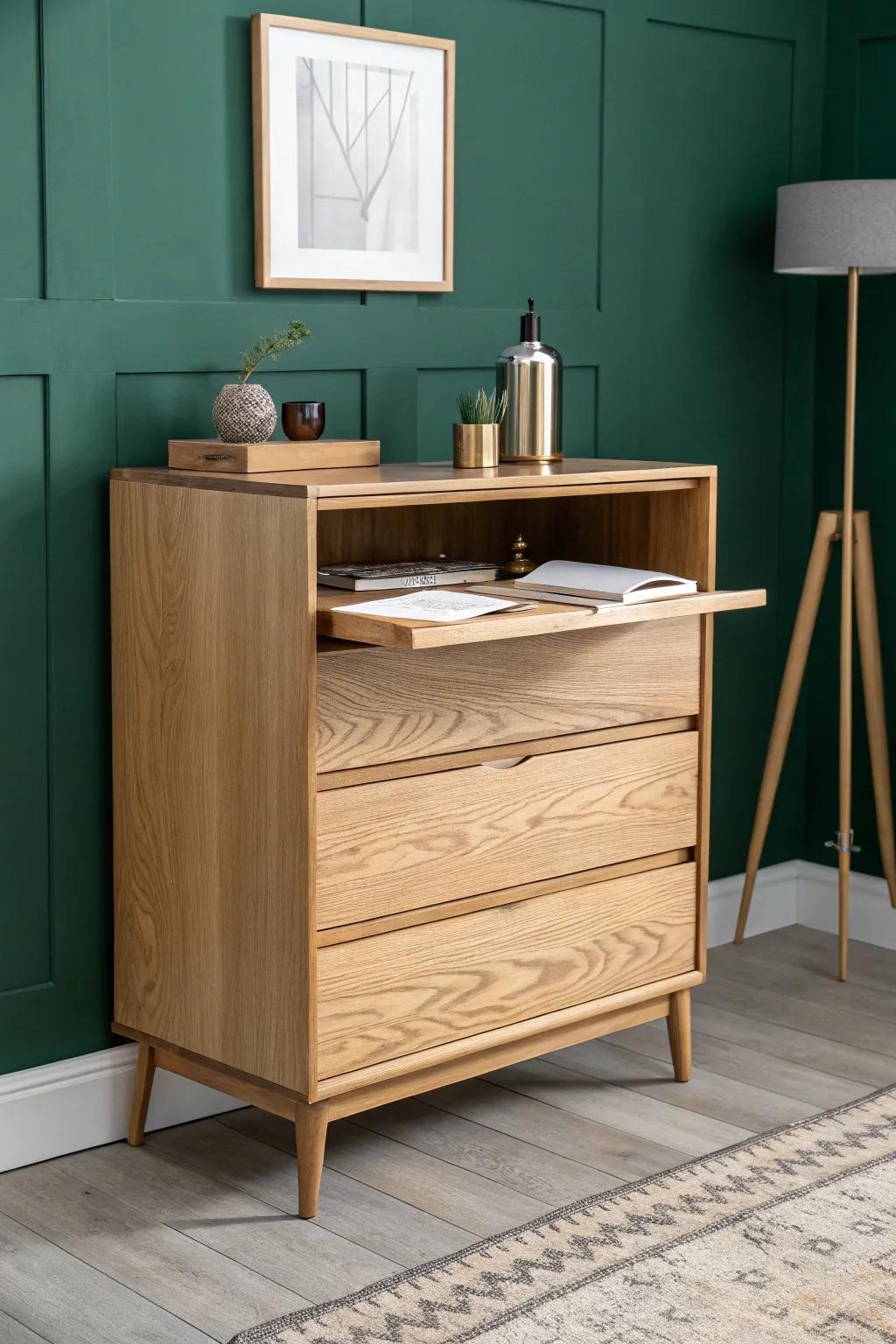 Slim dresser with fold-down desktop—drawers by day, a cozy work surface whenever you need it.