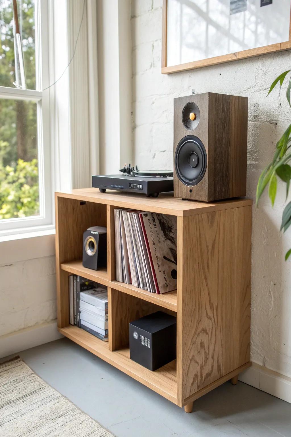 Cozy record nook shelf with side speaker pods—clean oak craftsmanship and bold vinyl color pop.