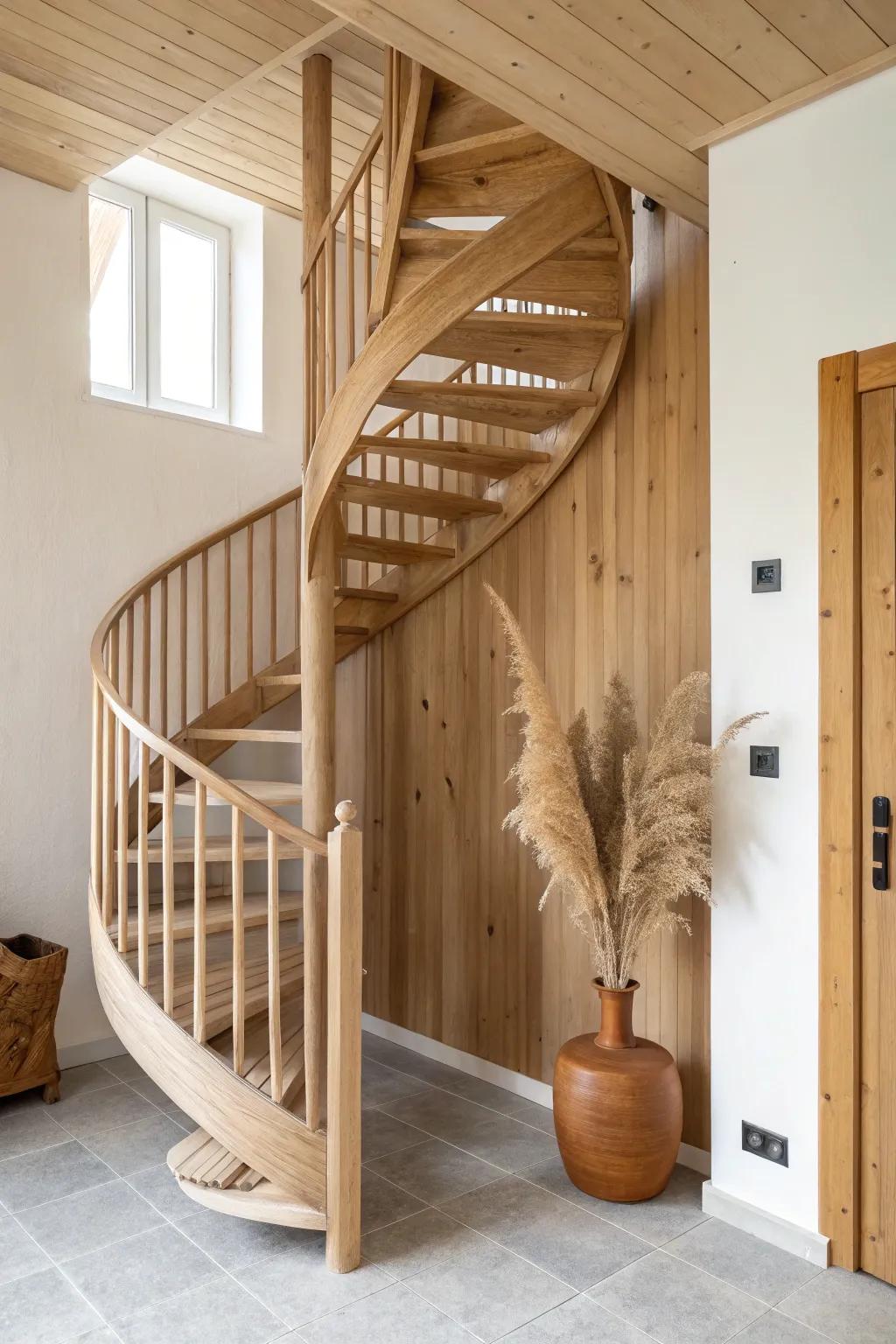 Warm cedar slat wall turns a simple spiral staircase into a sculptural centerpiece.