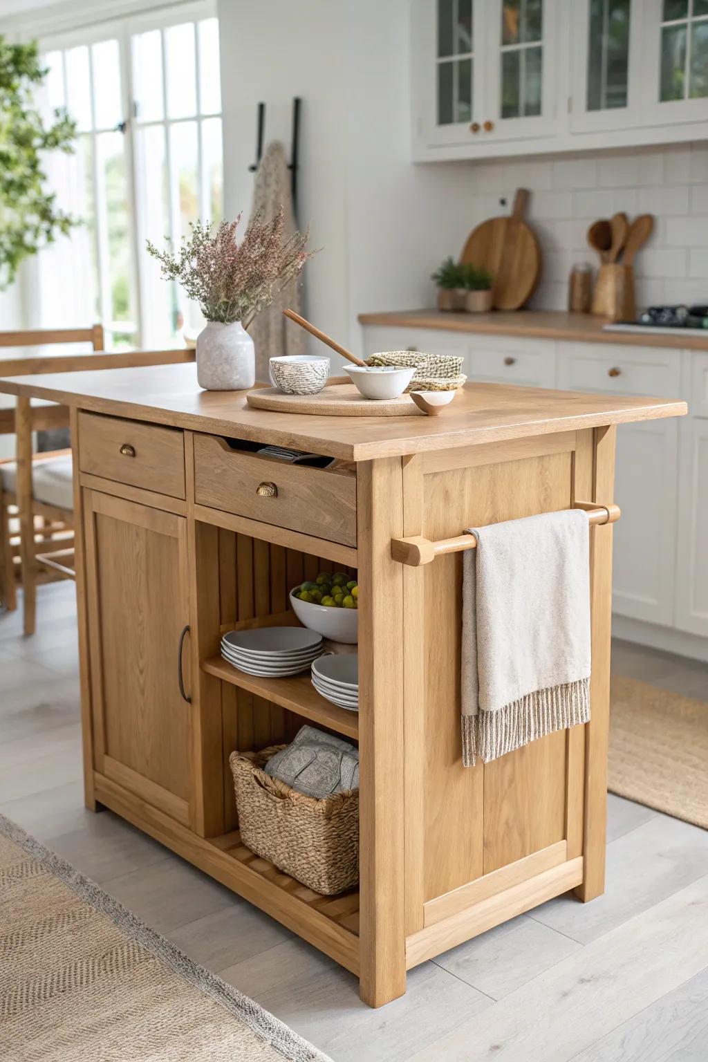 Flip-up split-level island: sleek oak prep space with a sturdy hinged dining tier in seconds.