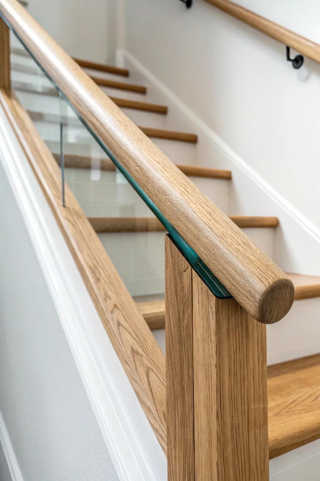 Light oak handrail with a smoky teal resin inlay—minimal Nordic style with a wow-detail.