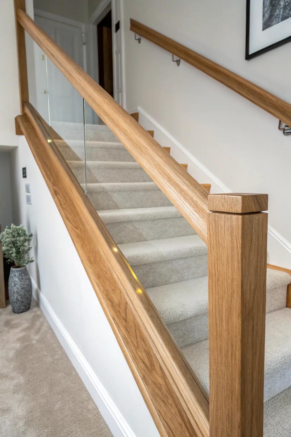 A clear resin inlay with floating sawdust turns a simple rail into a custom staircase showpiece.