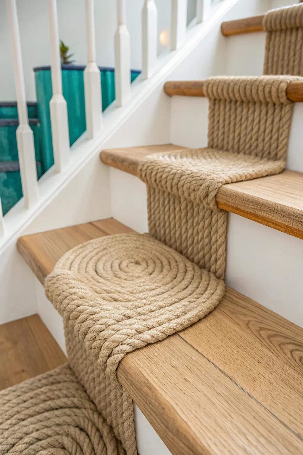 Rope-wrapped stair nosing adds coastal texture, extra grip, and a handcrafted statement edge.