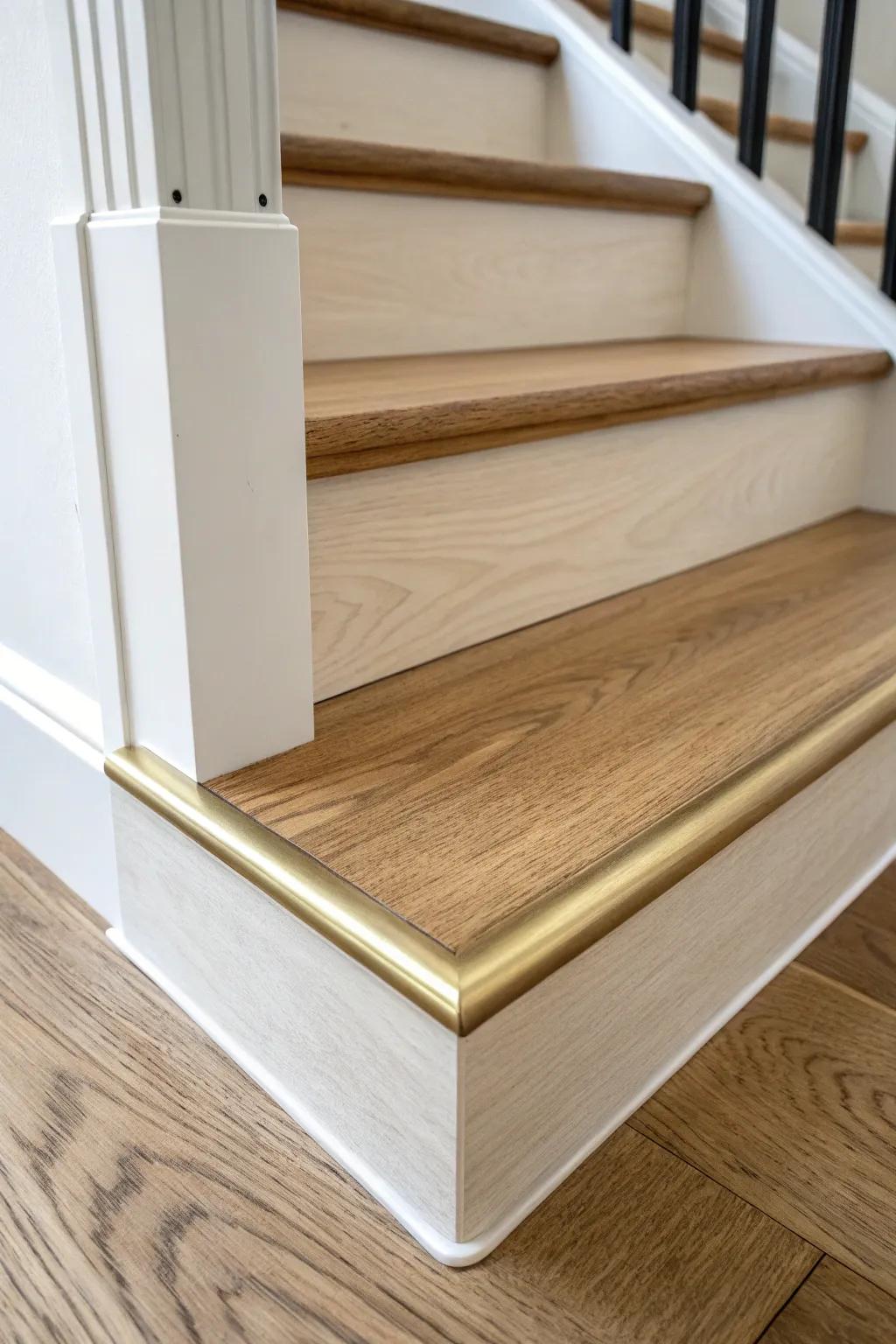 Warm oak + brushed brass inlay makes stair trim feel modern, clean, and unexpectedly luxe.