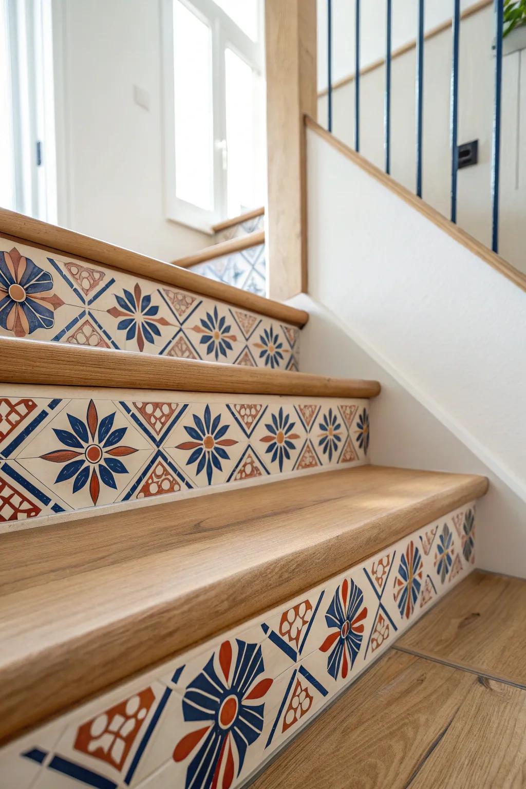 Vintage charm on every step: hand-painted faux tile risers in bold hues on natural oak.