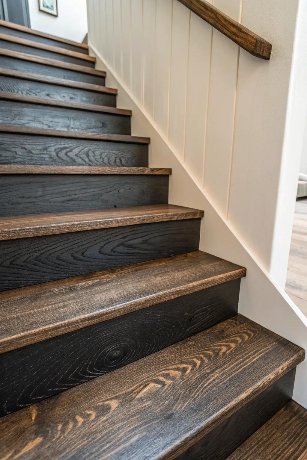 Charred, satin-sealed treads add bold moody texture—dramatic depth that hides wear beautifully.