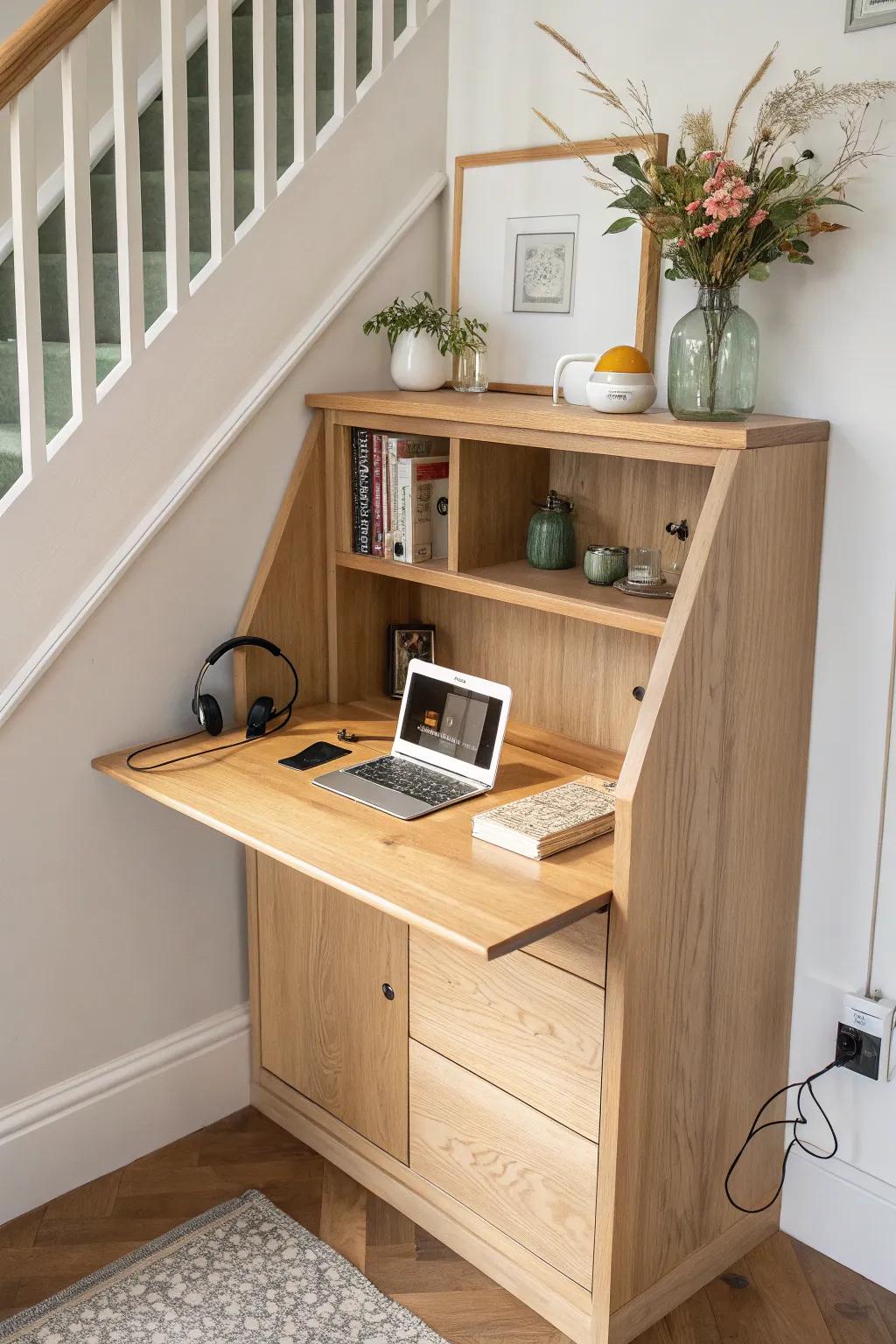 Under-stairs flip-down oak desk with a hidden charging niche—minimal, tidy, and beautiful.