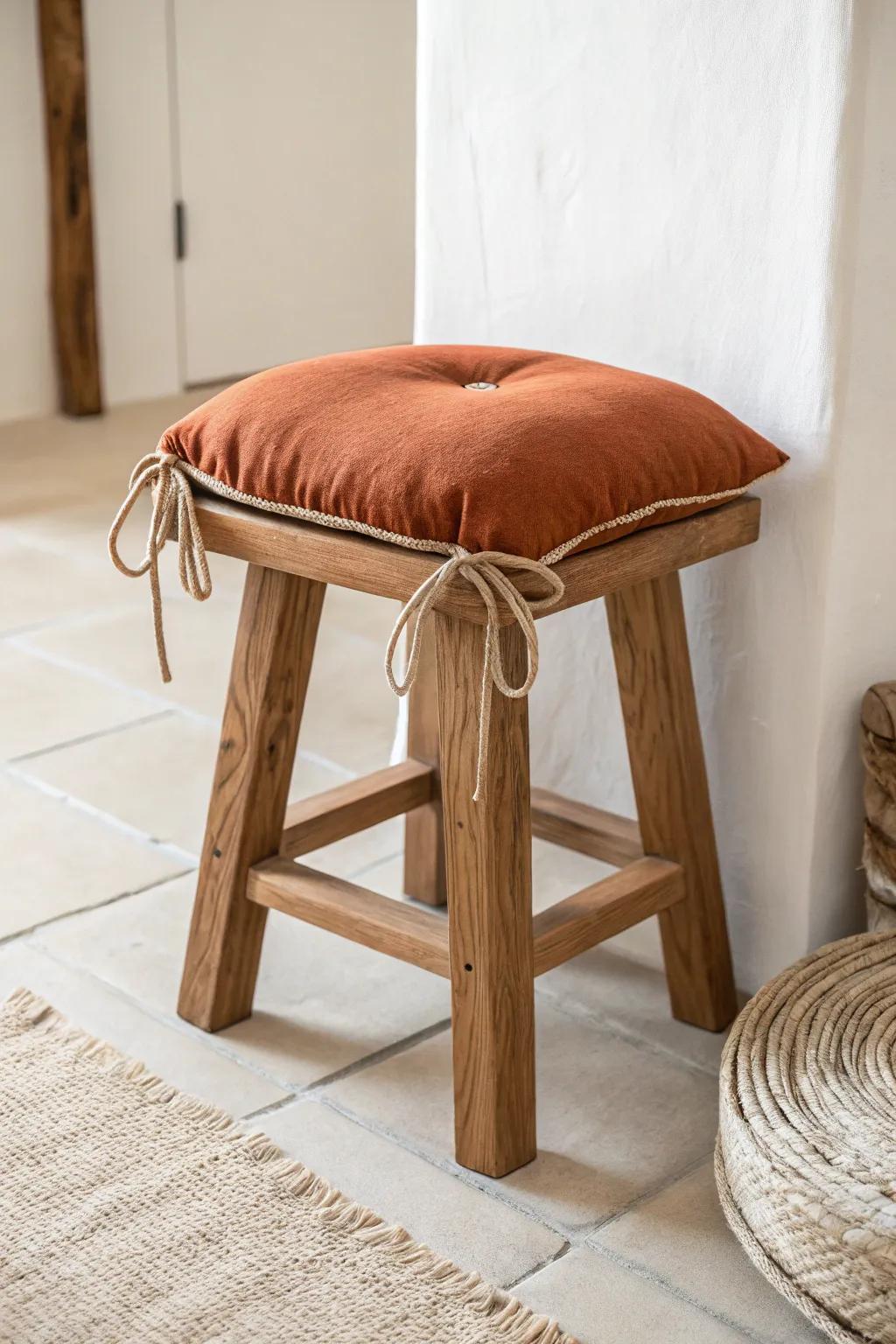 Warm terracotta tie-on linen cushion adds cozy comfort while showcasing the stool’s wood grain.