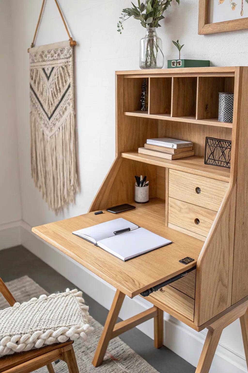 Fold-down Murphy desk in light oak—clean lines, sturdy hinge, and a bold terracotta pop.