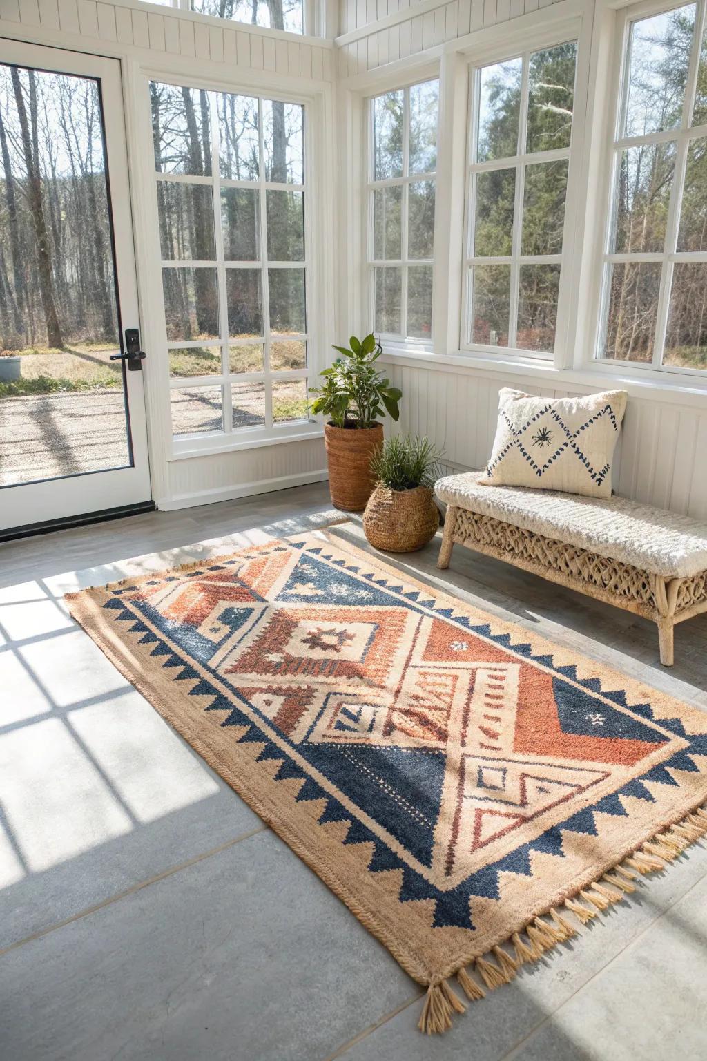 Seal the slab, then layer jute + a bold patterned rug for instant sunroom warmth and style.