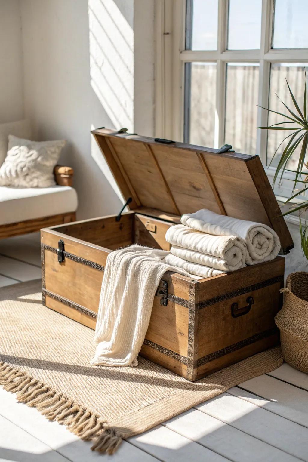 A vintage wood trunk doubles as a sunroom coffee table—cozy blankets hidden inside.