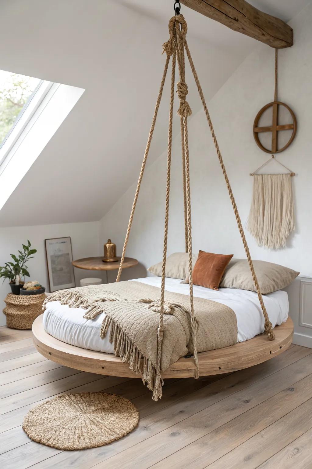 Round oak suspended bed platform—perfect symmetry, clean lines, and boutique retreat vibes.