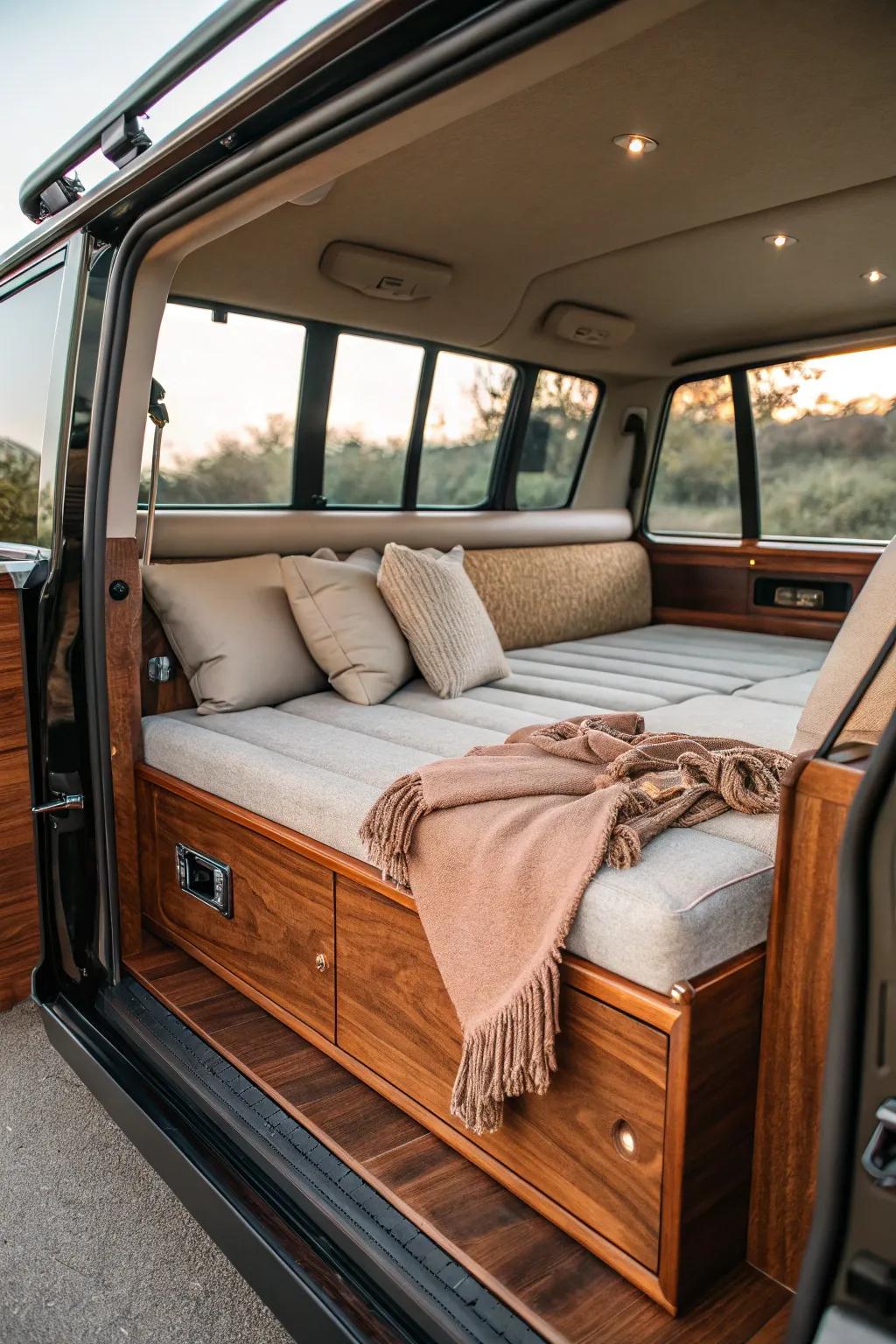 Transform your SUV into a cozy retreat with this beautifully crafted convertible bed-lounge.