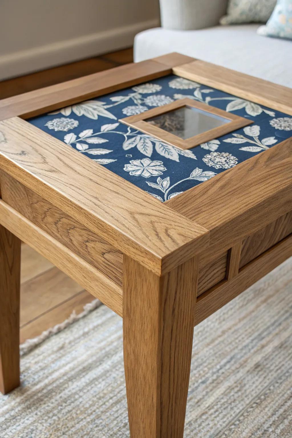 A flush resin window reveals vintage fabric—bold color, protected forever in solid oak.