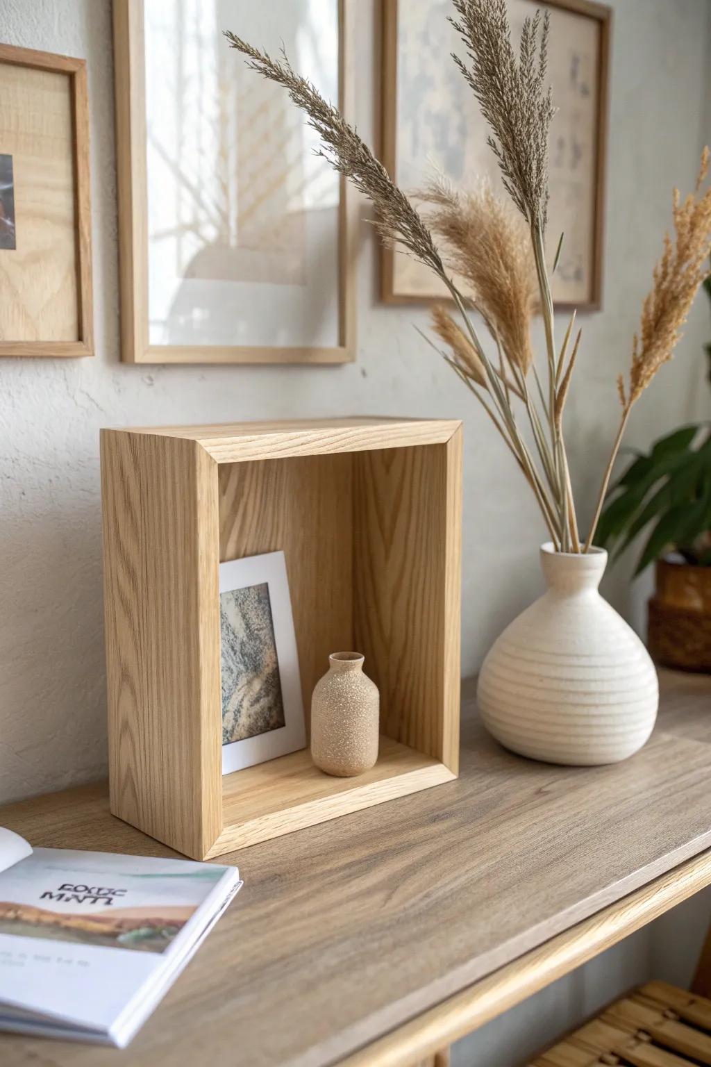 A mini “room” on your table: a wood shadow box niche for storytelling, styled simply.