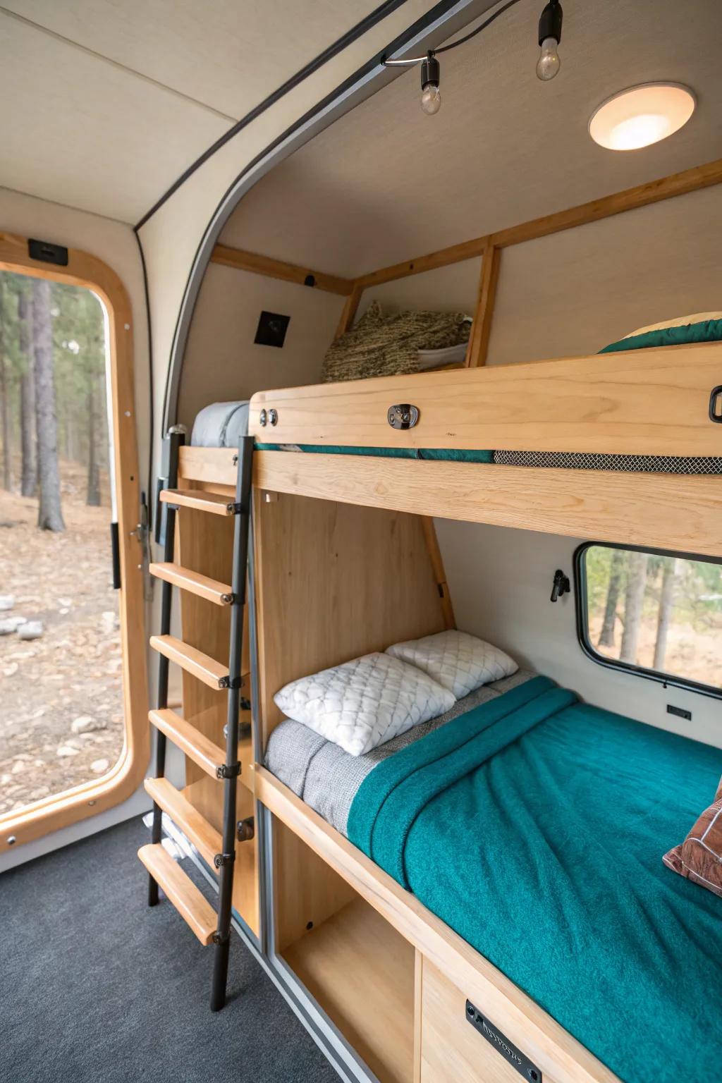 Flip-up front shelf bunk: kid-ready sleep spot by night, clean storage ledge by day.