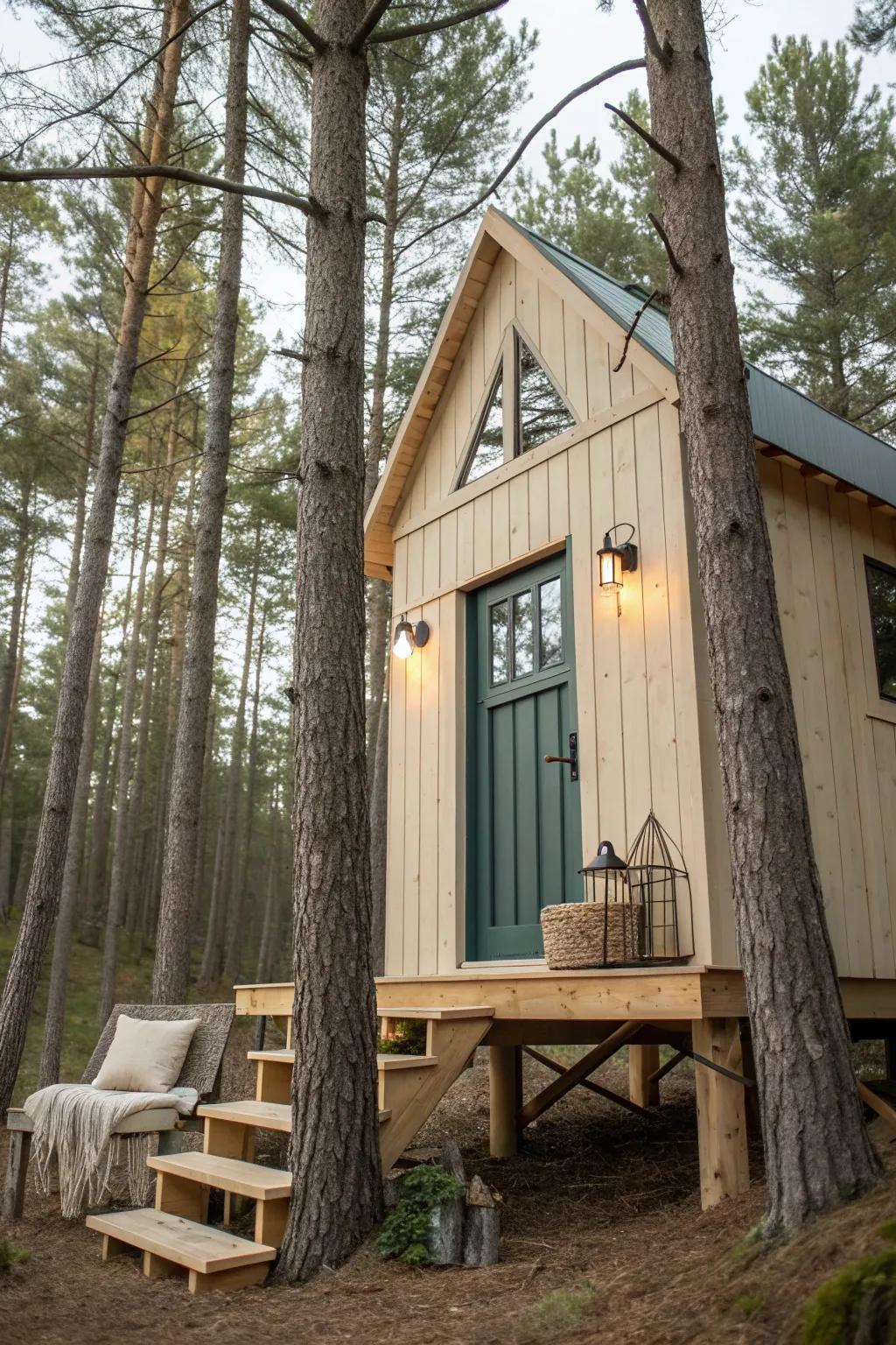 Tree-supported platform cabin: a minimalist forest hideout floating quietly in the canopy.