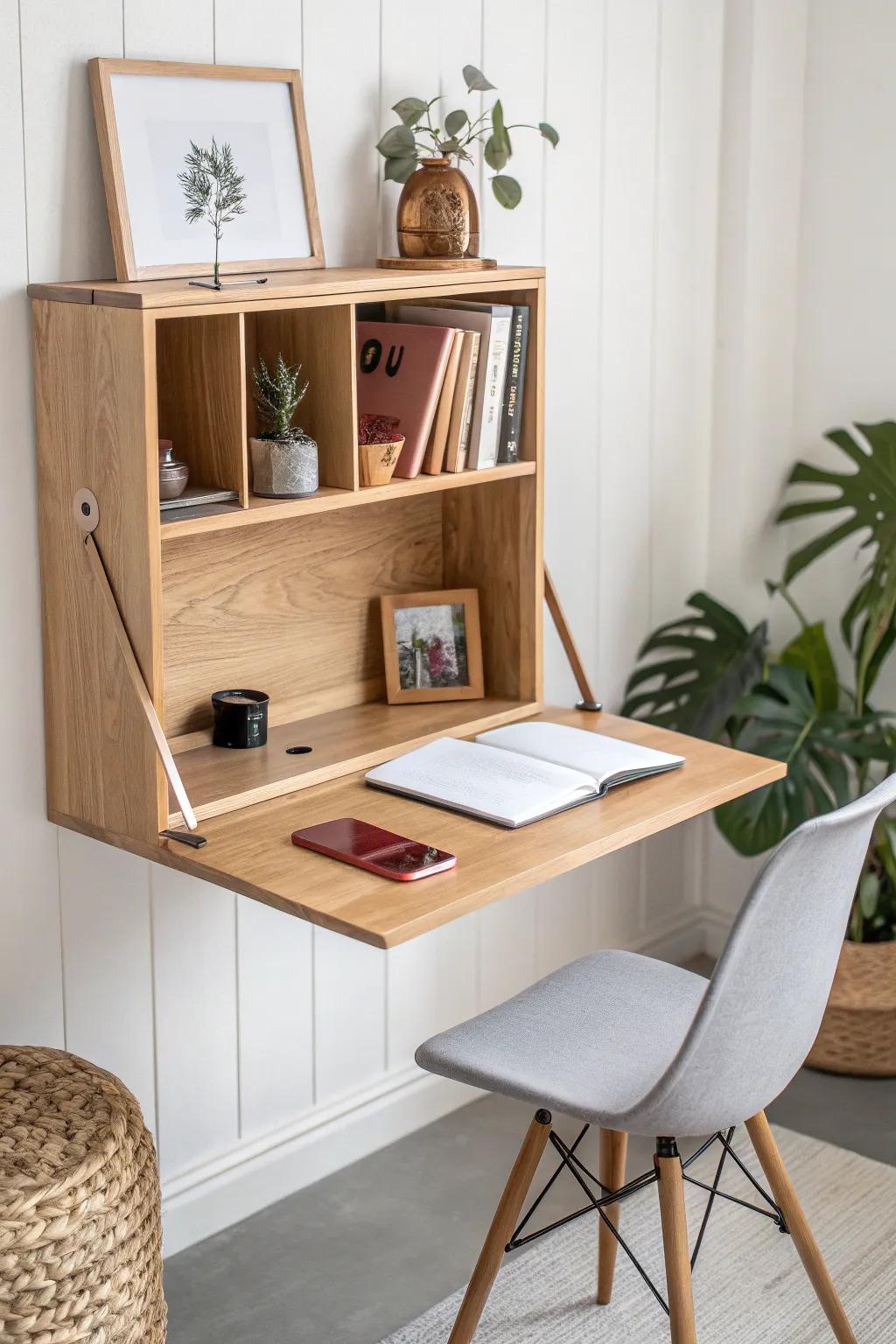 A sleek fold-down wall desk in oak—minimal footprint, hidden storage, big style.