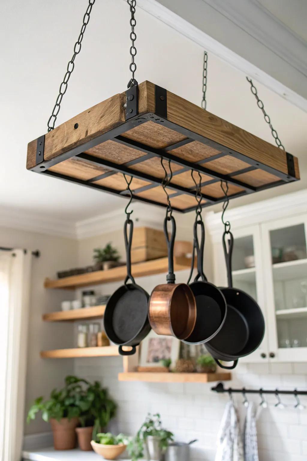 Free cabinet space with a reclaimed-wood ceiling pot grid—pretty, practical, and handmade.