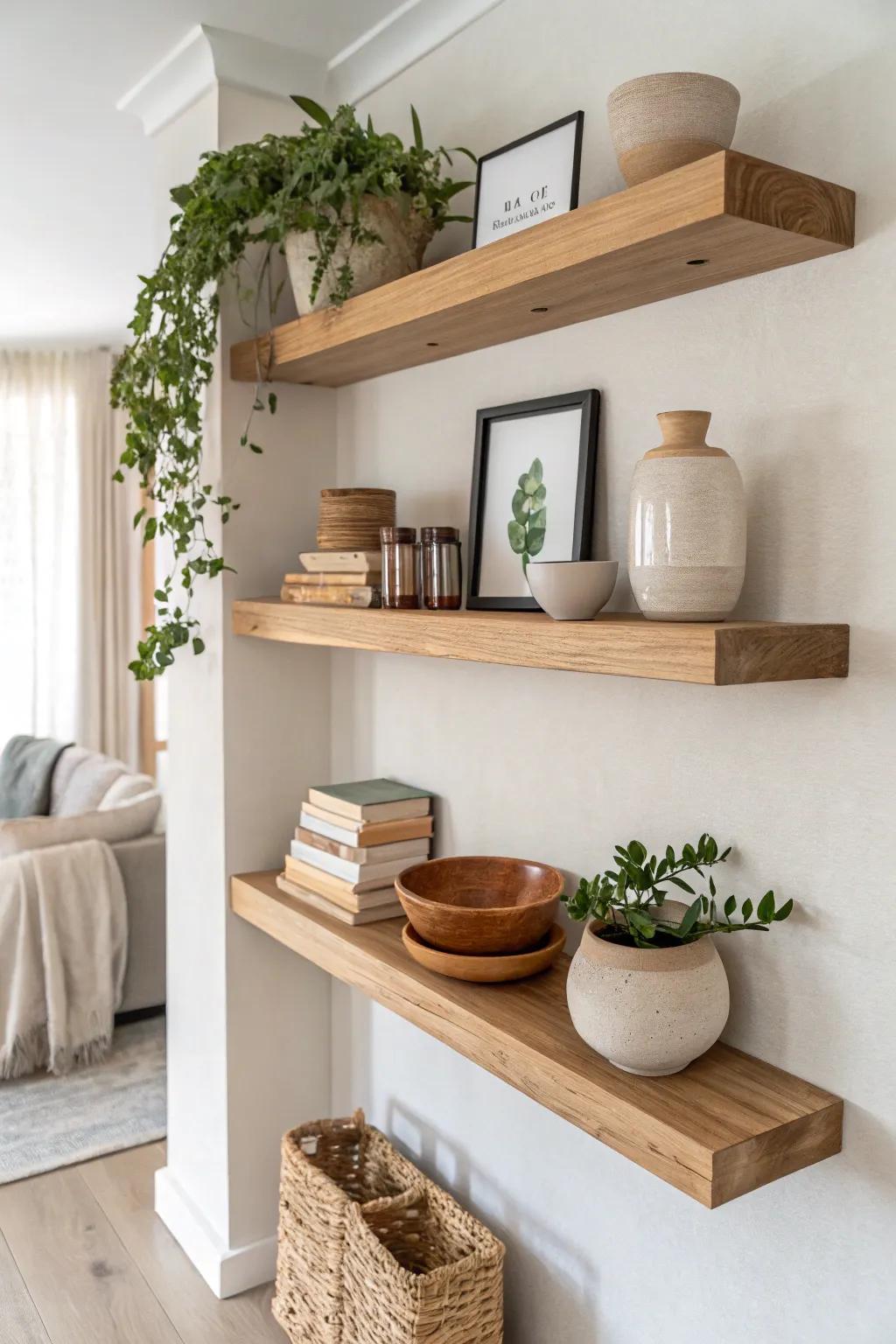 Staggered floating oak shelves keep tiny home storage airy, intentional, and beautifully light.
