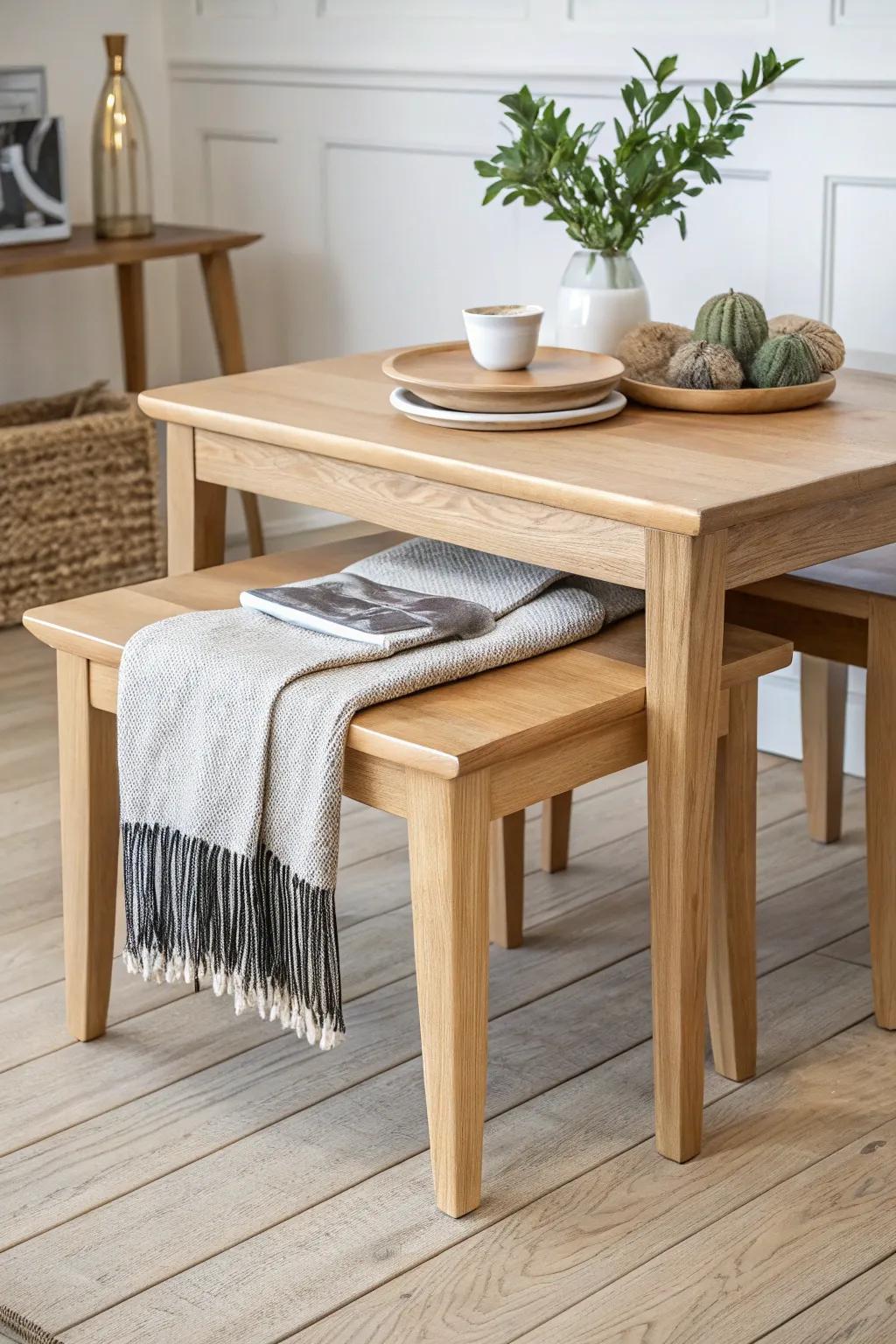 A nesting dining table that slides out like a sidecar—extra seating and surface in seconds.