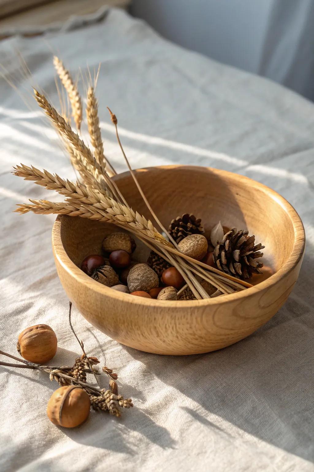A classic fall touch: a simple wood bowl filled with wheat, branches, and warm naturals.