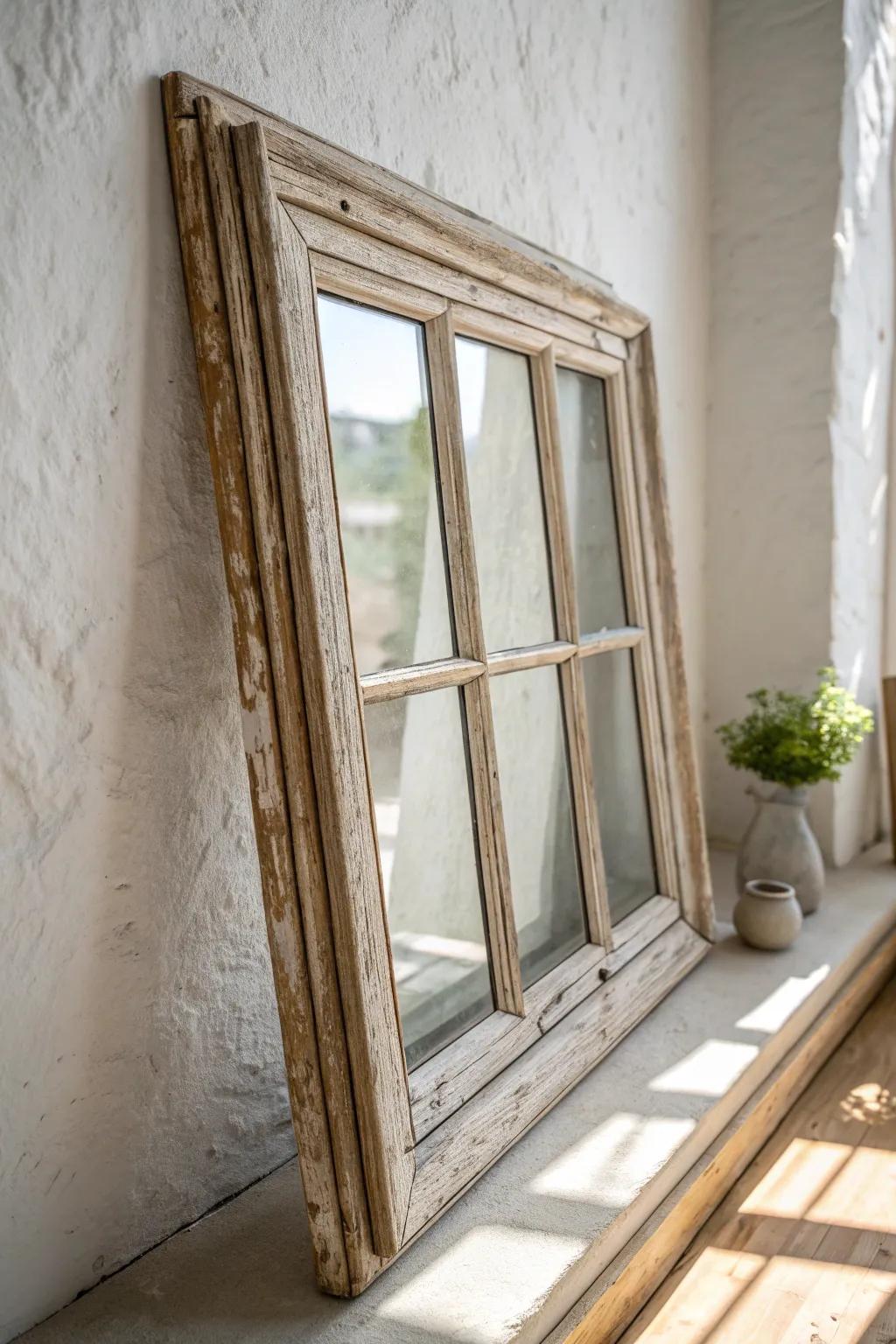 An antique window frame overmantel—aged muntins, warm wood tones, and striking shadow play.
