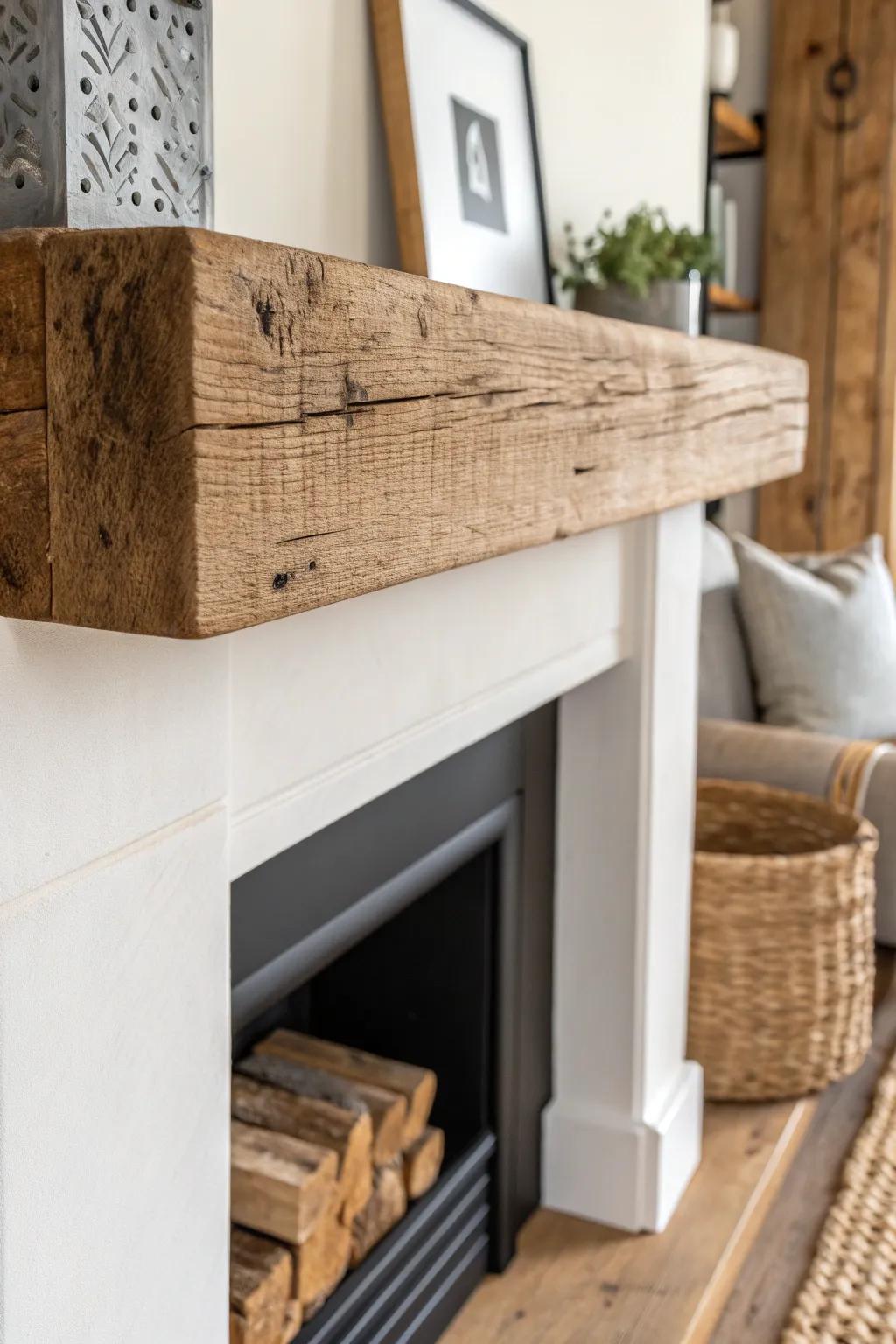 Reclaimed beam warmth, finished with crisp end caps—transitional fireplace style at its best.