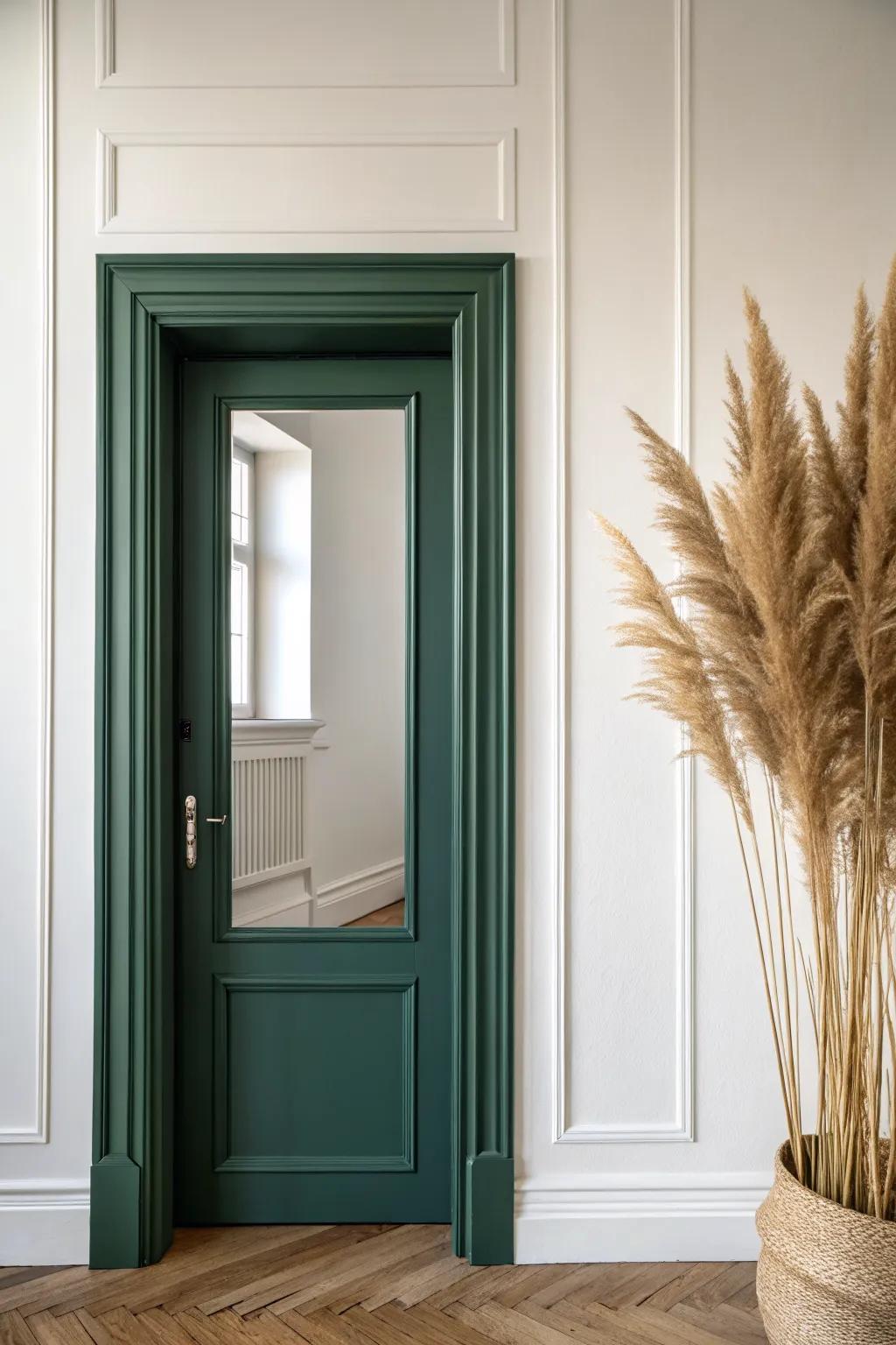 Two-tone trim in moody green against soft white walls—simple, bold contrast that elevates any room.