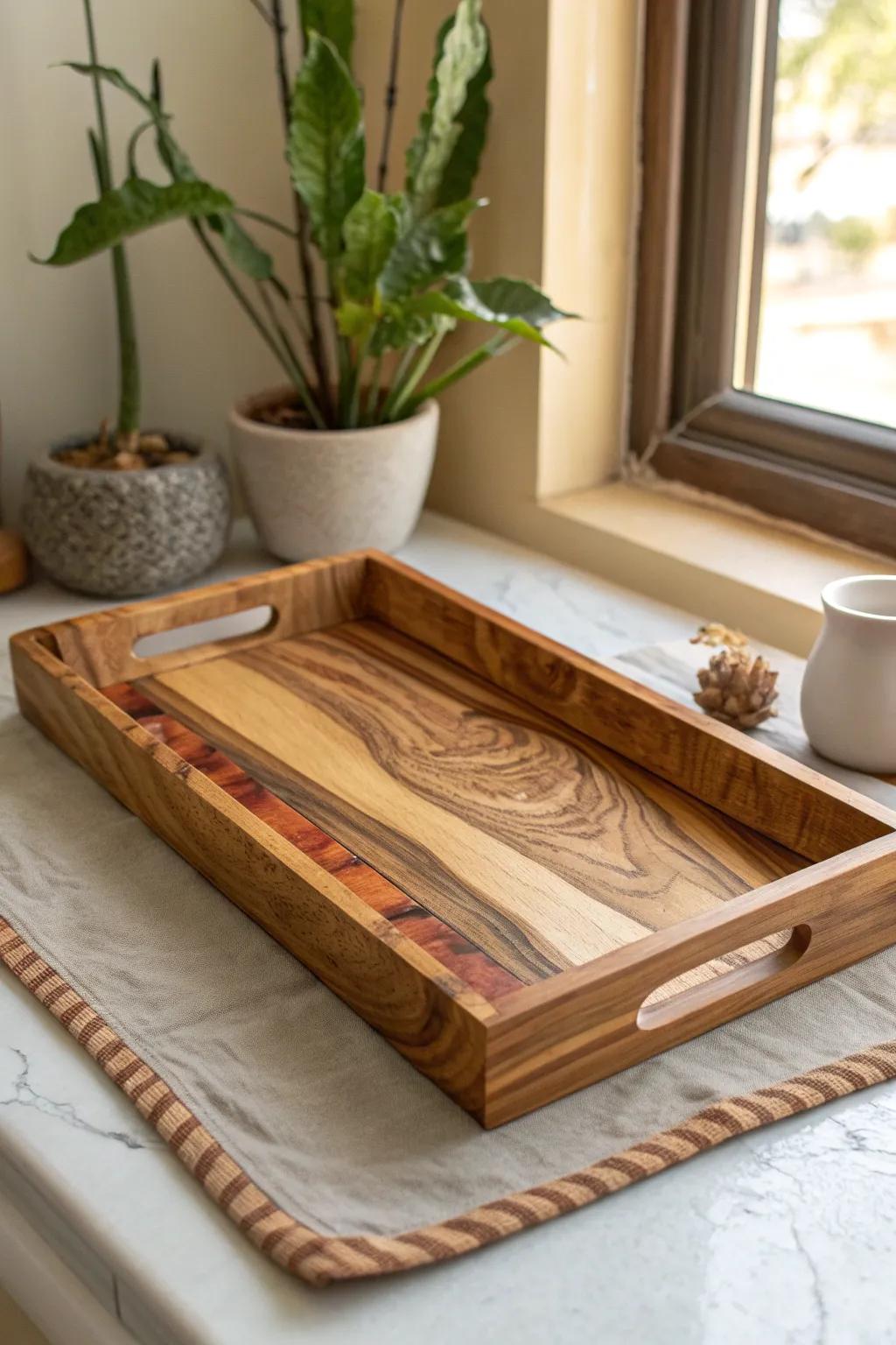 Olivewood tray with a sunset resin inlay—minimal, Tuscan-warm, and coffee-table chic.