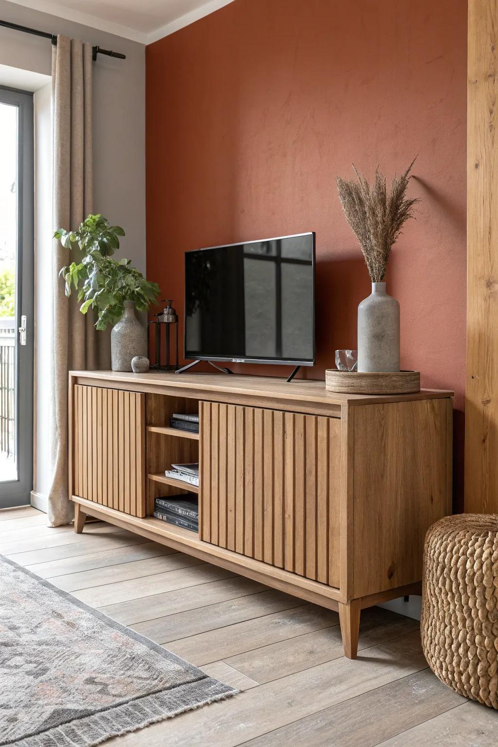Slide-to-hide wood panels turn the TV wall into a crafted sideboard statement.