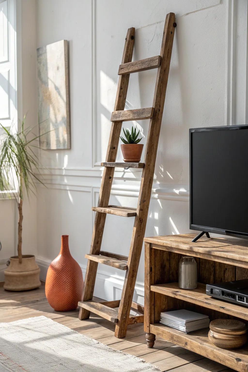 Horizontal ladder shelf TV stand—sealed rustic grain, clean tiers, and a bold boho accent.