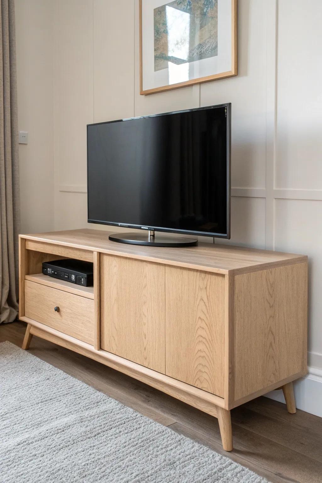 A secret-panel TV stand: soft linen front, pale oak frame—screen hidden until you want it.