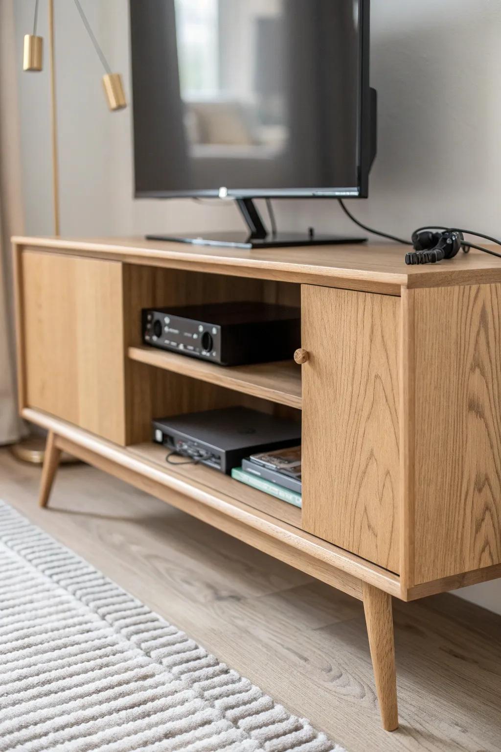 Lift-top oak TV stand with hidden storage—sleek Scandinavian style for tiny living rooms.