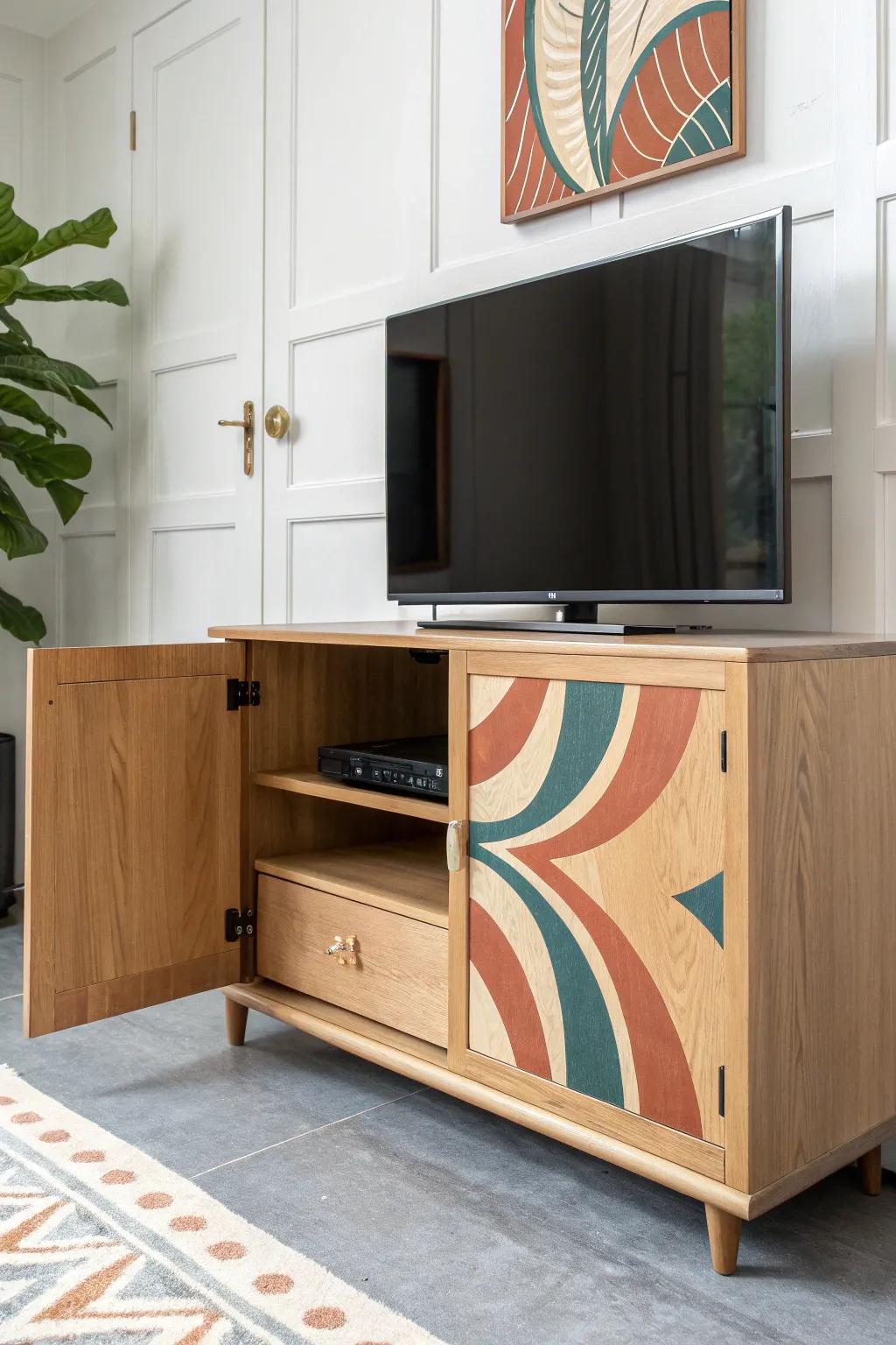 A hinged wood art panel swings open to reveal the TV—minimalist, secret-door magic in oak.