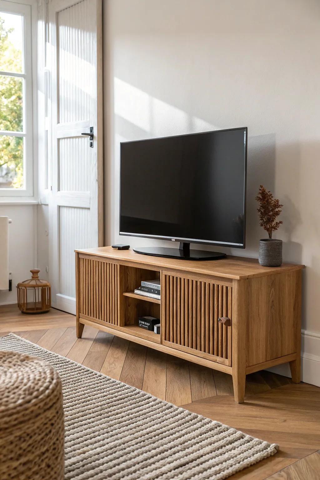 A rotating oak TV unit that pivots effortlessly—one beautiful screen, two seating zones.