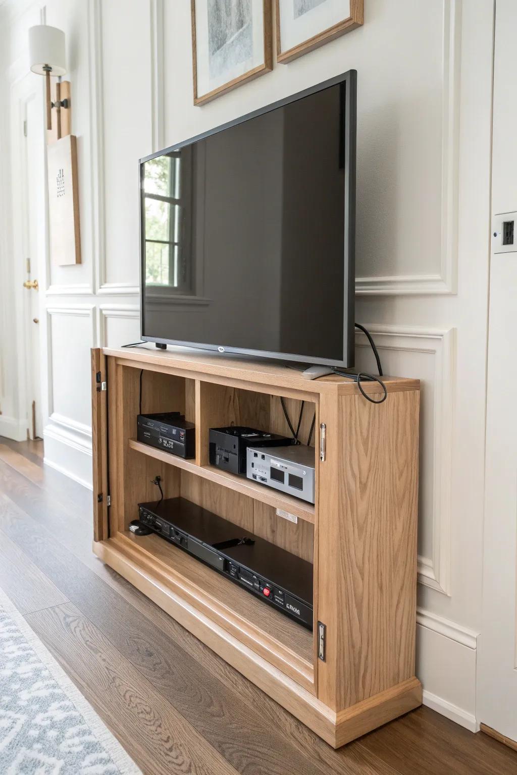 A hinged TV-wall molding panel hides outlets and cables—sleek, custom access in seconds.