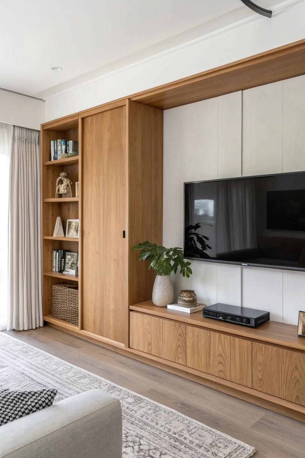 Sliding wood panels hide the TV—open for styled shelves, closed for a calm, clean wall.