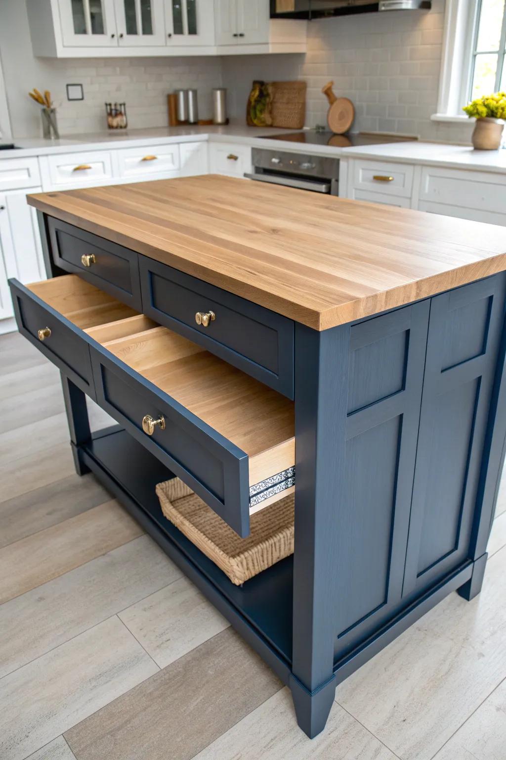 Hidden pull-out table turns your island into a two-tier workspace—only when you need it.