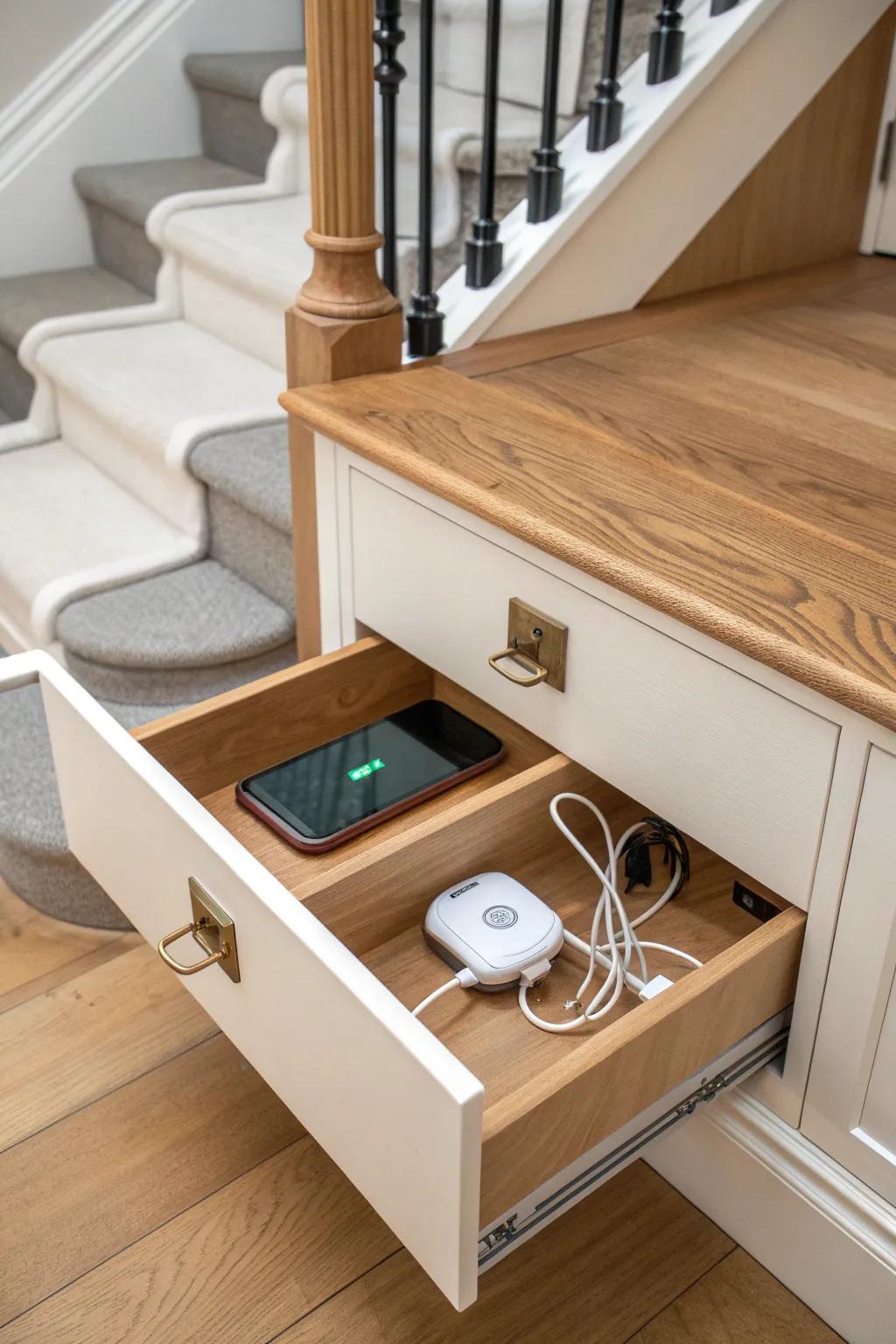 A hidden curved-stair drawer turns cable chaos into a calm, built-in charging station.
