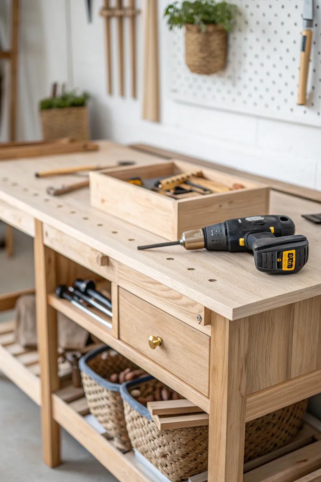 A hidden under-bench tool well keeps drills and clamps organized without cluttering the top.