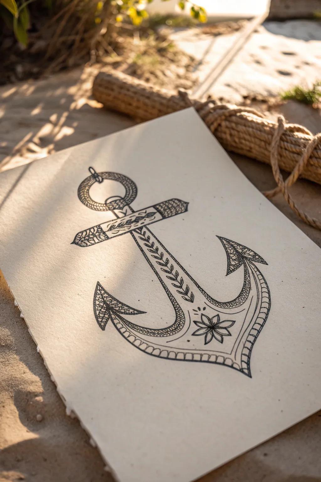 Discover the elegance in simplicity with this unique anchor drawing, where cultural symbols weave a story of personal significance.