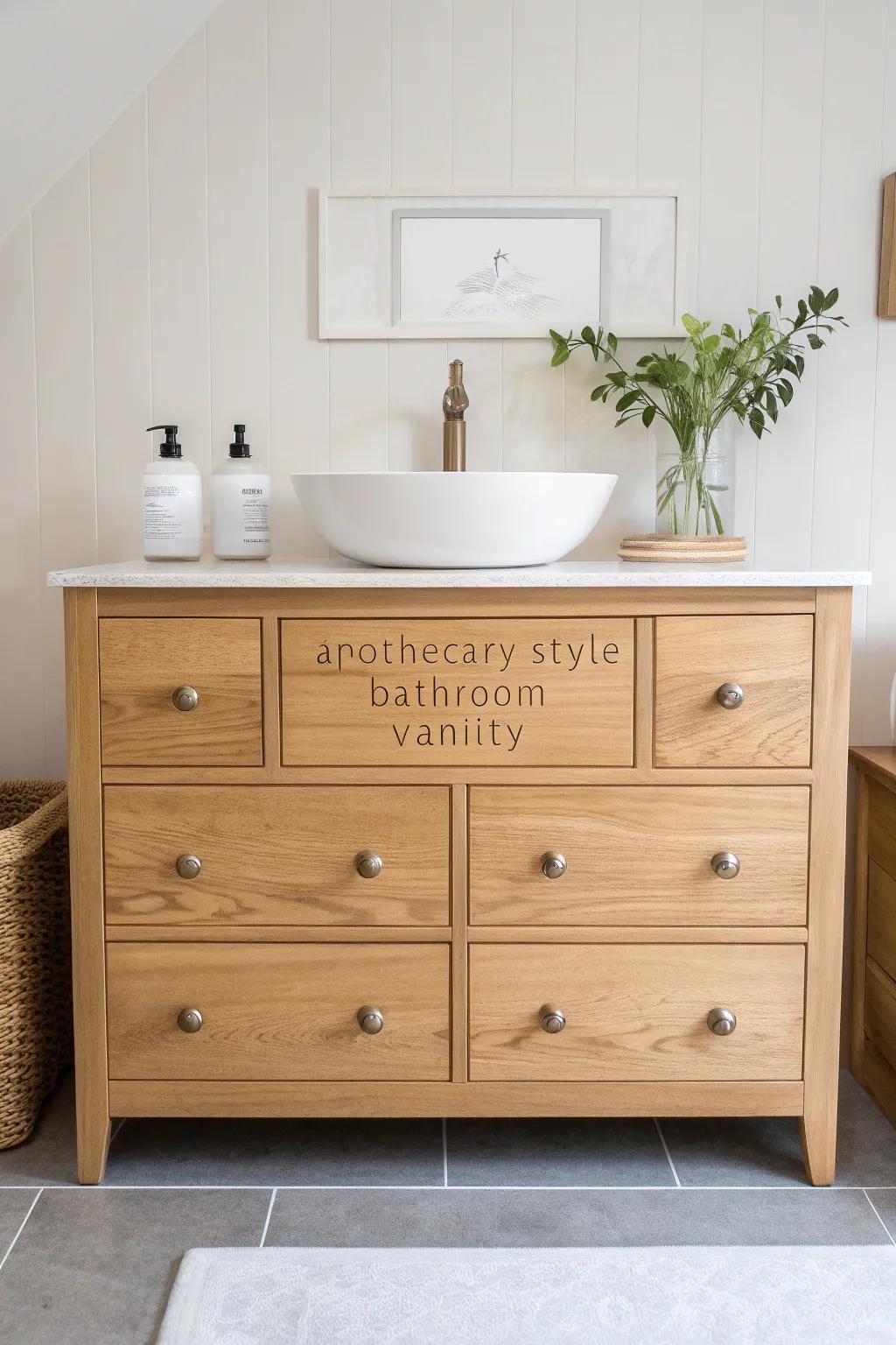 Apothecary drawer vanity: warm oak, brass pulls, labeled drawers—beautiful storage perfection.