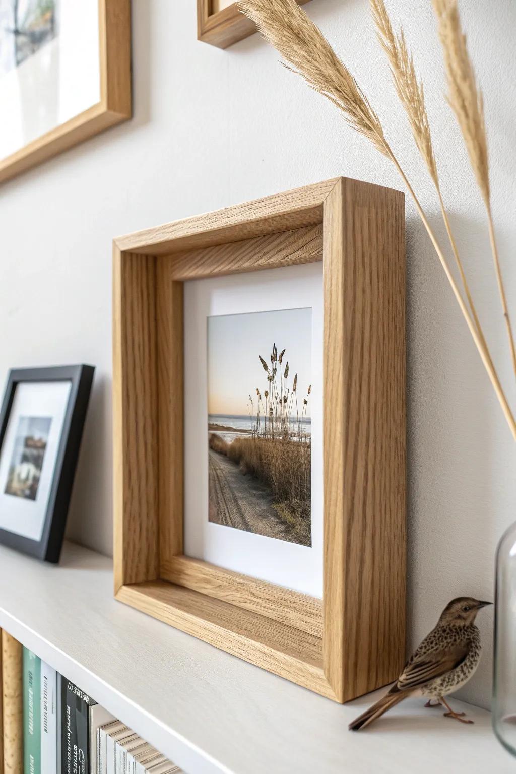 A frame-within-a-frame diorama—tiny shelf styling with photo, dried bloom, and carving.