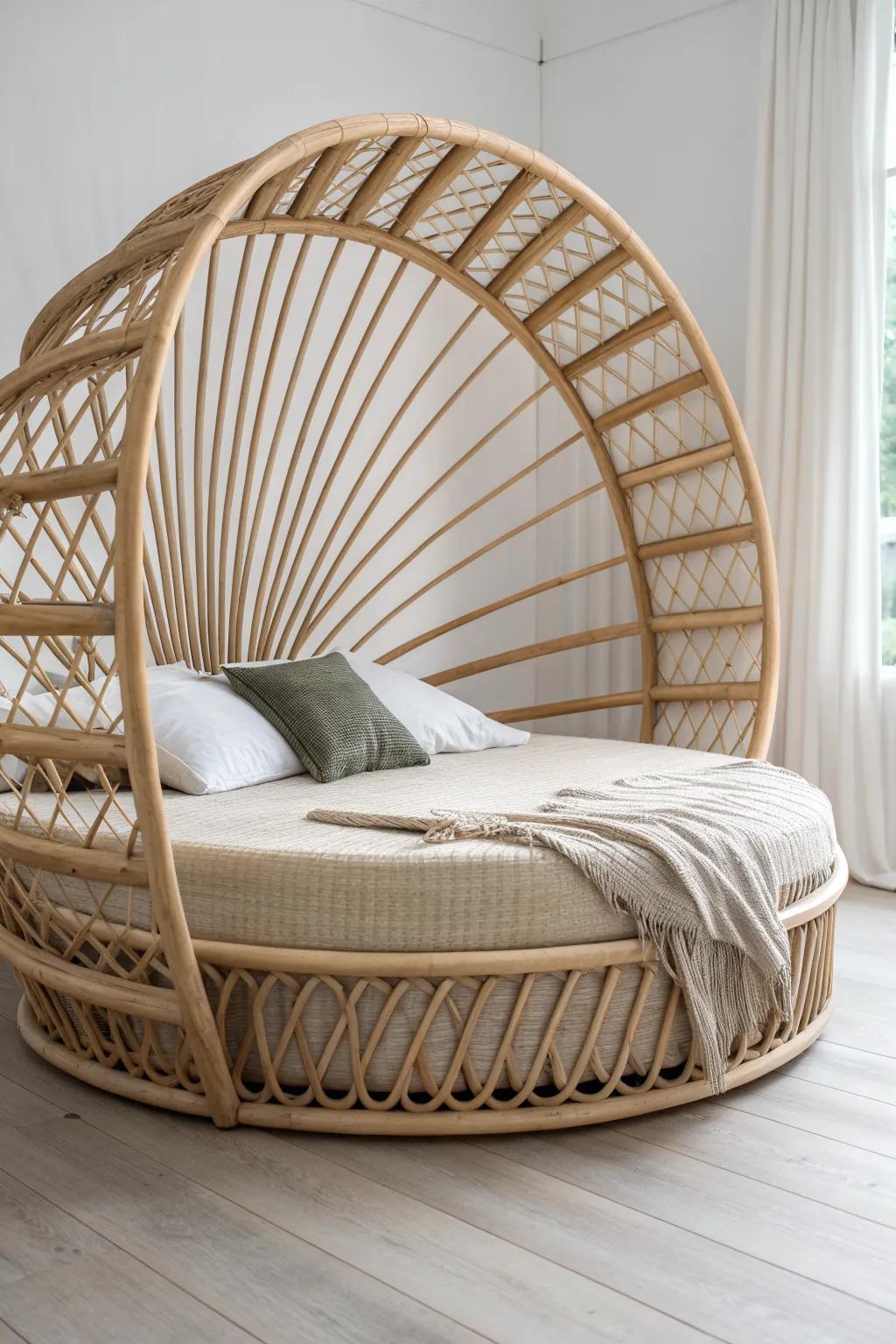 A sculptural “Nest” bed frame—woven wood slats meet cozy Scandinavian minimalism.