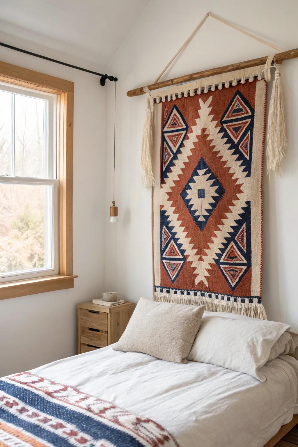 A patterned rug headboard on a wooden rod—instant boho warmth with Scandinavian simplicity.
